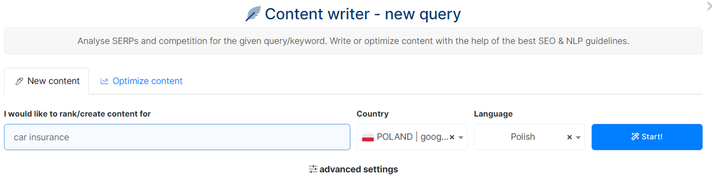 set up mew queries in NeuronWriter