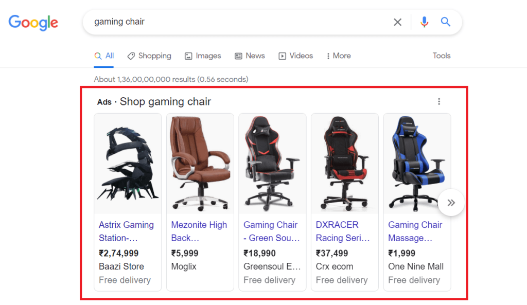 google shopping list results