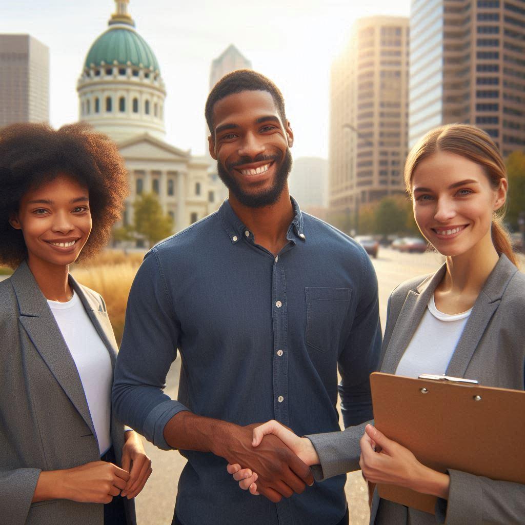 A friendly, professional team of three people standing outdoors in a city neighborhood with recognizable St. Louis architecture in the background. Emphasize warm, approachable expressions and natural sunlight. Add subtle visual cues of trust, like a handshake or someone holding a clipboard.
