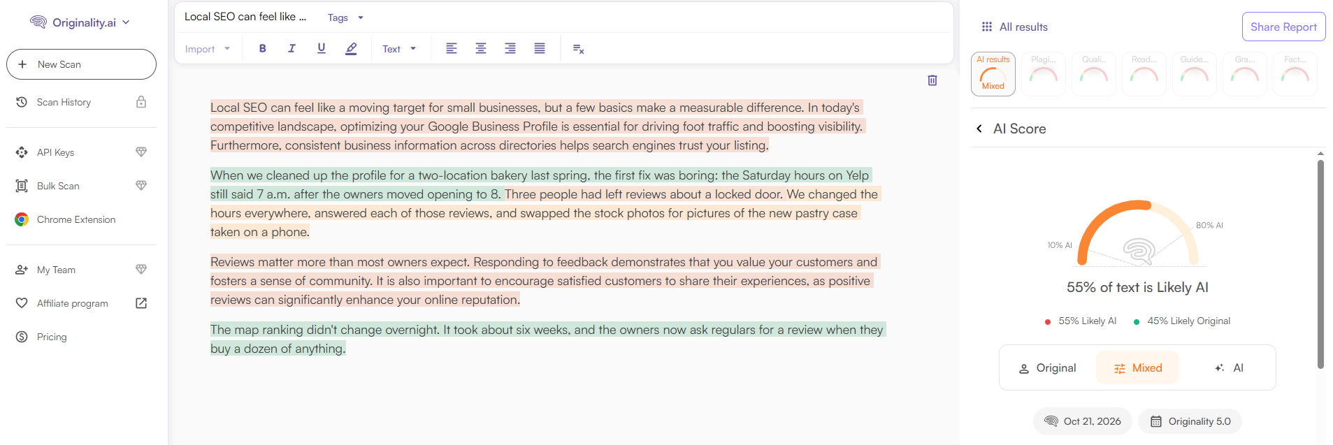 Originality.ai AI scan result with highlighted sentences on a sample guest post paragraph