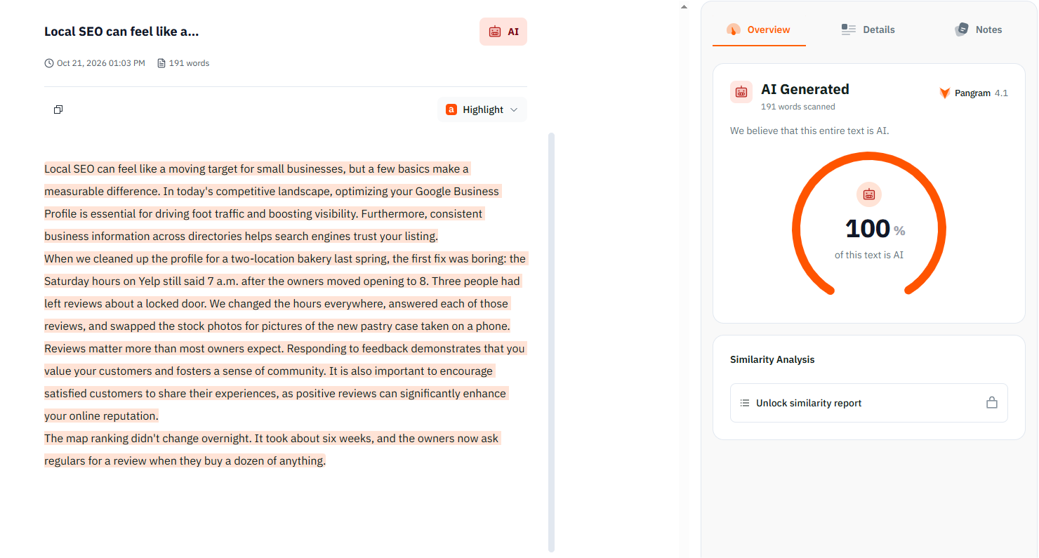 Pangram scan result with segment highlights and an AI score for a sample paragraph