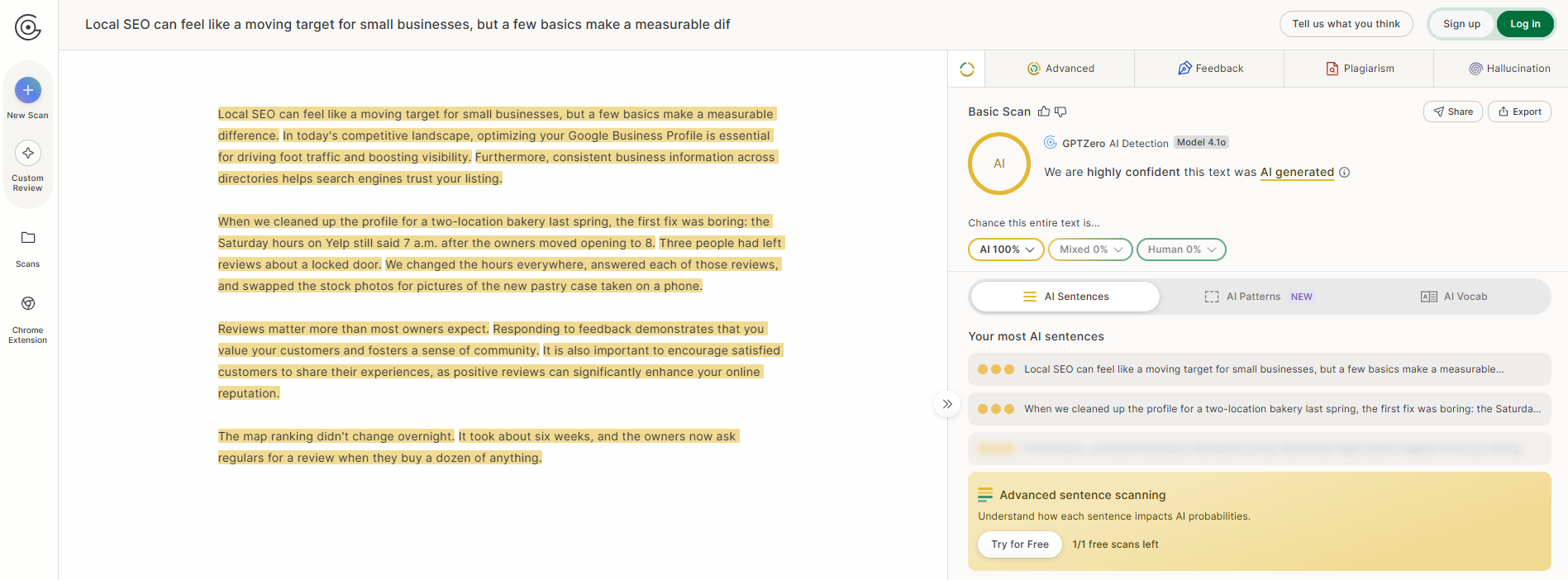 GPTZero result with color-coded sentence highlights on a sample paragraph