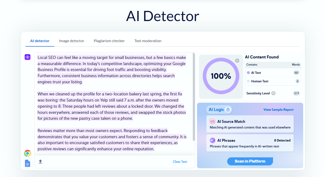 Copyleaks AI Detector result with AI text highlighted in a sample paragraph