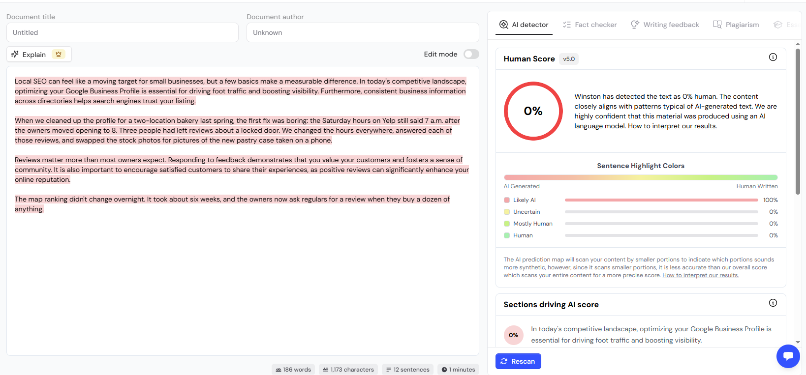 Winston AI Human Score result with sentence highlight colors for a sample paragraph