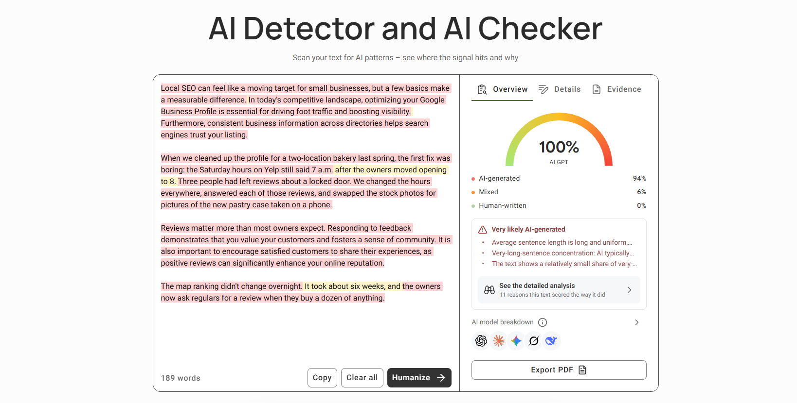 GPTinf detection result with labeled passages and verdict reasons for a sample paragraph