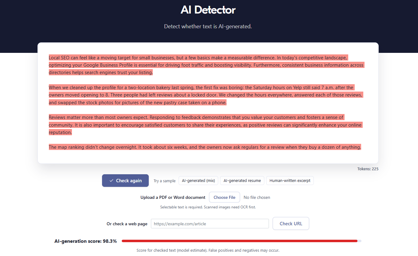 Sapling AI Detector result with highlighted sentences and an overall score for a sample paragraph